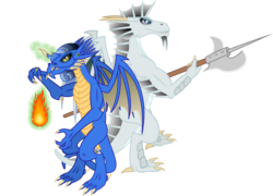 Size: 3000x2165 | Tagged: safe, artist:cheezedoodle96, oc, oc only, dragon, dragon oc, dungeons and dragons, duo, fire, fireball, halberd, high res, magic, magic aura, simple background, teenaged dragon, transparent background, vector
