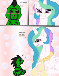 Size: 986x1280 | Tagged: safe, artist:digitaldomain123, artist:microdude87, artist:skunkdude13, princess celestia, oc, oc:cameron, lizard, reptile, comic:adorable treatment, g4, chibi, comic, furry, imminent kissing, makeup