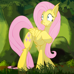 Size: 2500x2500 | Tagged: safe, artist:big-mac-a-brony, fluttershy, g4, female, forest, high res, raised hoof, solo, startled