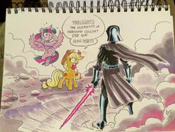 Size: 1024x768 | Tagged: safe, artist:tony fleecs, applejack, twilight sparkle, alicorn, pony, g4, crossover, darth vader, female, lightsaber, mare, star wars, traditional art, twilight sparkle (alicorn)