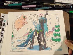 Size: 1024x768 | Tagged: safe, artist:tony fleecs, queen chrysalis, oc, oc:fluffle puff, g4, :p, frown, glare, looking at you, open mouth, smiling, snow, snowball, snowfall, tongue out, traditional art, unamused