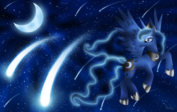 Size: 2670x1698 | Tagged: safe, artist:rose-beuty, princess luna, g4, ethereal mane, female, flying, meteor, meteor shower, moon, night, solo, stars, surreal
