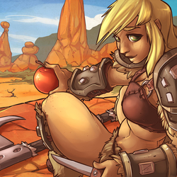 Size: 1689x1688 | Tagged: safe, artist:atryl, applejack, human, g4, apple, armor, axe, cropped, female, freckles, humanized, knife, looking at you, scar, smiling, solo, unconvincing armor, weapon