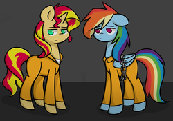 Size: 1024x717 | Tagged: safe, artist:flutternutpie, rainbow dash, sunset shimmer, pegasus, pony, unicorn, g4, bound wings, clothes, duo, prison outfit, prisoner, prisoner rd, shirt, undershirt