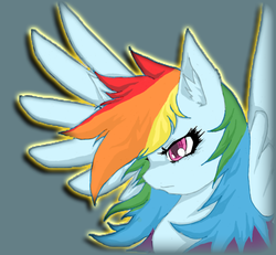 Size: 600x555 | Tagged: source needed, useless source url, safe, artist:myuse, edit, rainbow dash, pegasus, pony, g4, bust, ear fluff, female, glowing, gray background, mare, portrait, profile, simple background, solo