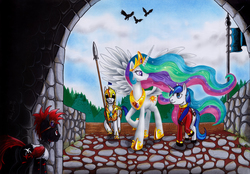 Size: 1580x1101 | Tagged: safe, artist:reptilecynrik, princess celestia, shining armor, oc, oc:hazard redmane, crow, g4, raised hoof, red mane, red tail, royal guard, spear, tail, traditional art, weapon