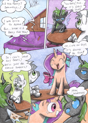 Size: 850x1188 | Tagged: safe, artist:chocolatechilla, oc, oc only, changeling, zebra, comic, traditional art