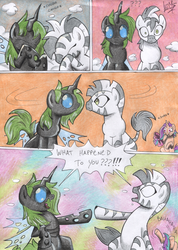 Size: 850x1192 | Tagged: safe, artist:chocolatechilla, oc, oc only, changeling, zebra, comic, rule 63, traditional art