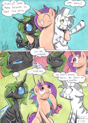 Size: 850x1186 | Tagged: safe, artist:chocolatechilla, oc, oc only, changeling, zebra, comic, rule 63, traditional art