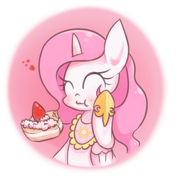 Size: 1500x1500 | Tagged: safe, artist:joycall6, princess celestia, g4, blushing, cake, cakelestia, cewestia, cute, cutelestia, female, filly, solo