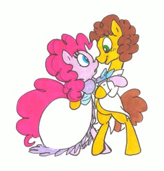 Size: 1286x1344 | Tagged: dead source, safe, artist:frankilew, cheese sandwich, pinkie pie, pony, g4, bipedal, clothes, dancing, dress, female, male, ship:cheesepie, shipping, straight, suit, traditional art