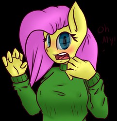 Size: 1233x1280 | Tagged: safe, artist:psicarii, fluttershy, anthro, g4, blushing, clothes, female, solo, surprised, sweatershy