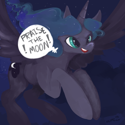 Size: 1280x1280 | Tagged: safe, artist:slimeprnicess, princess luna, alicorn, pony, g4, cute, female, flying, mare, missing accessory, open mouth, praise the moon, smiling, solo, spread wings, starry eyes, wingding eyes