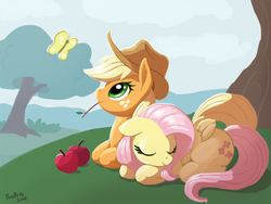 Size: 1000x750 | Tagged: safe, artist:pusspuss, applejack, fluttershy, butterfly, earth pony, pegasus, pony, g4, apple, female, food, lesbian, mare, outdoors, ship:appleshy, shipping, sleeping
