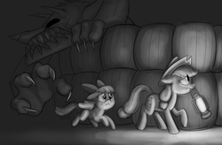 Size: 1463x962 | Tagged: safe, artist:mickeymonster, apple bloom, applejack, oc, oc:karl the diamond dog, diamond dog, g4, diamond dog oc, lantern, monochrome, monster