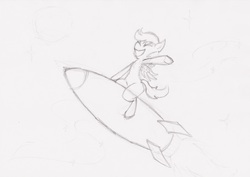 Size: 3495x2476 | Tagged: safe, artist:subscrewedup, scootaloo, g4, female, flying, high res, monochrome, pencil drawing, request, rocket, sketch, solo, space, traditional art, wip