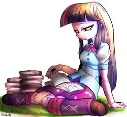 Size: 957x879 | Tagged: safe, artist:nekubi, twilight sparkle, equestria girls, g4, book, female, frown, reading, sitting, solo, tired