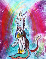 Size: 1024x1324 | Tagged: safe, artist:tielgar, discord, princess celestia, g4, female, flower, male, ship:dislestia, shipping, straight, traditional art