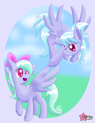 Size: 773x1000 | Tagged: safe, artist:clouddg, cloudchaser, flitter, pegasus, pony, g4, abstract background, bow, colored pupils, duo, ear fluff, flying, full body, hair bow, happy, looking at each other, looking at someone, raised hoof, smiling, smiling at each other, spread wings, unshorn fetlocks, wings