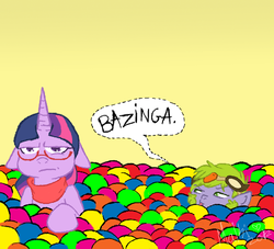 Size: 500x453 | Tagged: safe, artist:flow3r-child, spike, twilight sparkle, g4, ball pit, bazinga, clothes, glasses, scarf, the big bang theory