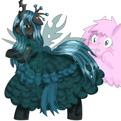 Size: 2000x2000 | Tagged: safe, artist:wonton soup, queen chrysalis, oc, oc:fluffle puff, g4, clothes, dress, high res, pixiv