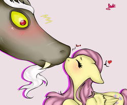 Size: 3000x2500 | Tagged: safe, artist:kyoraayako, discord, fluttershy, g4, blushing, boop, cute, eyes closed, female, floppy ears, heart, high res, interspecies, kissing, male, noseboop, ship:discoshy, shipping, straight, surprise kiss, surprised, wide eyes