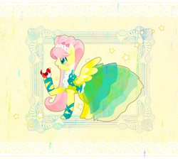 Size: 700x627 | Tagged: safe, artist:fuyuse leka, fluttershy, bird, g4, green isn't your color, animal, clothes, dress, female, flutterbeautiful, modelshy, pixiv, solo