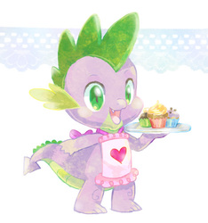 Size: 468x500 | Tagged: dead source, safe, artist:fuyuse leka, spike, dragon, g4, apron, baby, baby dragon, clothes, cupcake, cute, fangs, green eyes, male, naked apron, pixiv, simple background, solo, spikabetes, tray, white background