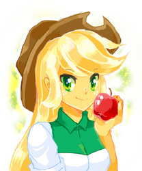 Size: 415x500 | Tagged: safe, artist:fuyuse leka, applejack, equestria girls, g4, apple, bust, cute, female, jackabetes, looking at you, pixiv, solo