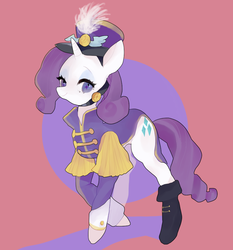 Size: 800x860 | Tagged: safe, artist:pongtang, rarity, pony, unicorn, g4, ancient wonderbolts uniform, boots, clothes, female, hat, mare, pink background, pixiv, sgt. rarity, shako, shoes, simple background, solo, uniform