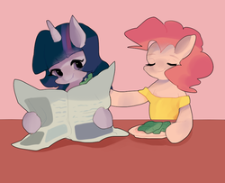 Size: 787x640 | Tagged: safe, artist:pongtang, pinkie pie, twilight sparkle, g4, newspaper, pixiv, salad