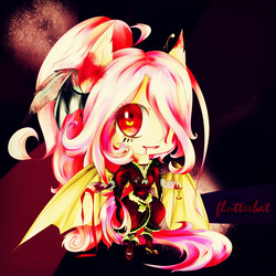 Size: 1889x1889 | Tagged: safe, artist:rst, fluttershy, vampire, semi-anthro, g4, apple, bat wings, blood, clothes, female, flutterbat, pixiv, solo