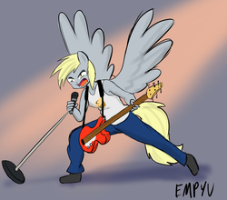 Size: 1000x881 | Tagged: safe, artist:empyu, derpy hooves, anthro, g4, 30 minute art challenge, ambiguous facial structure, female, guitar, solo