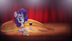 Size: 1920x1080 | Tagged: dead source, safe, artist:sunibee, artist:vipeydashie, artist:yanoda, edit, rarity, pony, unicorn, g4, alternate hairstyle, bedroom eyes, clothes, dress, female, glass, mare, one eye closed, orange dress, prone, shadow, shoes, smiling, solo, stage, vector, wallpaper, wine, wine glass, wink