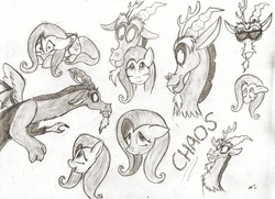 Size: 1653x1200 | Tagged: safe, artist:wahyawolf, discord, fluttershy, pegasus, pony, g4, duo, female, grayscale, mare, monochrome, pencil drawing, scared, sketch dump, smiling, sunglasses, traditional art