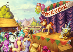 Size: 4961x3508 | Tagged: safe, artist:darthagnan, apple bloom, applejack, berry punch, berryshine, derpy hooves, discord, fluttershy, lyra heartstrings, pinkie pie, spike, trixie, oc, bird, pegasus, pony, g4, balloon, convention, female, happy, hat, laughing, mare, rubronycon, stage, tent, tree