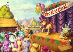 Size: 4961x3508 | Tagged: safe, artist:darthagnan, apple bloom, applejack, berry punch, berryshine, derpy hooves, discord, fluttershy, lyra heartstrings, pinkie pie, spike, trixie, oc, bird, pegasus, pony, rubronycon, g4, balloon, convention, female, happy, hat, laughing, mare, stage, tent, tree