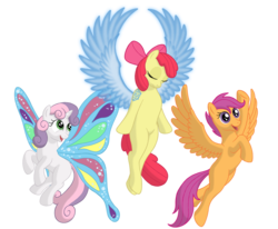 Size: 1920x1581 | Tagged: safe, artist:nebulastar985, apple bloom, scootaloo, sweetie belle, alicorn, earth pony, pegasus, pony, g4, artificial wings, augmented, butterfly wings, cutie mark crusaders, female, filly, magic, magic wings, scootaloo can fly, simple background, smiling, tattoo, transparent background, wings