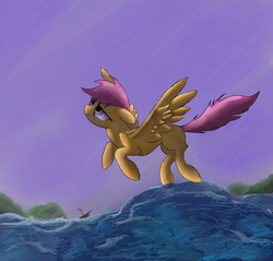 Size: 2500x2390 | Tagged: safe, artist:loukaina, scootaloo, g4, boat, female, floppy ears, flying, frown, high res, lonely, rain, sad, scootaloo can fly, solo, spread wings, water