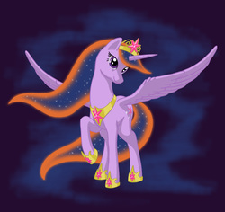 Size: 1920x1814 | Tagged: safe, artist:nebulastar985, twilight sparkle, alicorn, pony, fanfic:midnight star, g4, big crown thingy, blue background, ethereal mane, female, hoof shoes, jewelry, looking at you, mare, older, peytral, raised hoof, regalia, simple background, smiling, solo, spread wings, starry mane, twilight sparkle (alicorn), ultimate twilight, windswept mane