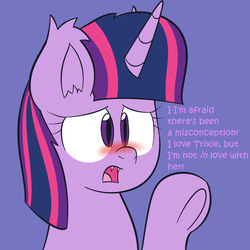 Size: 1280x1280 | Tagged: safe, artist:cooper, twilight sparkle, bat pony, pony, g4, ask-batpony-twilight-and-trixie, bat ponified, blushing, fangs, female, frown, implied lesbian, implied shipping, implied twixie, open mouth, race swap, shipping denied, solo, tumblr, twibat, twilight sparkle (alicorn)