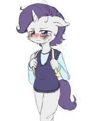 Size: 1001x1284 | Tagged: safe, artist:yajima, rarity, anthro, g4, backpack, clothes, crying, elusive, male, pants, rule 63, simple background, solo, sweater vest