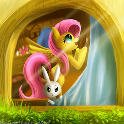 Size: 3543x3543 | Tagged: safe, artist:seer45, angel bunny, fluttershy, g4, curtains, hairbrush, high res, window