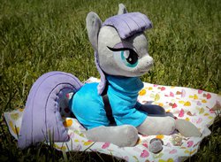 Size: 1045x765 | Tagged: safe, artist:buttercupbabyppg, boulder (g4), maud pie, earth pony, pony, g4, clothes, grass, irl, lying down, outdoors, photo, pillow, plushie, prone, solo