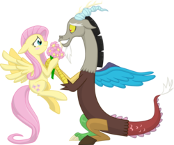 Size: 980x815 | Tagged: safe, artist:elzielai, discord, fluttershy, pegasus, pony, g4, blushing, female, flower, male, ship:discoshy, shipping, straight