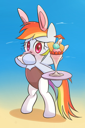 Size: 1000x1500 | Tagged: dead source, safe, artist:joycall6, rainbow dash, pegasus, pony, g4, beach, bipedal, blushing, bunny ears, bunny suit, clothes, cute, dashabetes, female, ice cream, leotard, looking at you, mare, sand, solo, tray, waitress