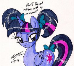 Size: 945x846 | Tagged: safe, artist:newyorkx3, twilight sparkle, alicorn, pony, g4, alternate hairstyle, female, hair bow, looking at you, mare, pigtails, solo, tail bow, traditional art, twilight sparkle (alicorn), voice actor joke