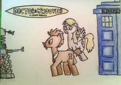 Size: 1925x1361 | Tagged: safe, derpy hooves, doctor whooves, time turner, pegasus, pony, g4, dalek, doctor who, female, mare, sonic screwdriver, tardis, traditional art
