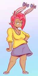Size: 831x1673 | Tagged: safe, artist:hamflo, babs seed, human, g4, babs bunny, cleavage, clothes, cosplay, female, freckles, humanized, namesake, pun, skirt, solo, tiny toon adventures, visual pun