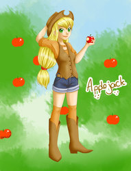 Size: 781x1023 | Tagged: safe, artist:nekomeizumi, applejack, human, g4, apple, female, humanized, solo